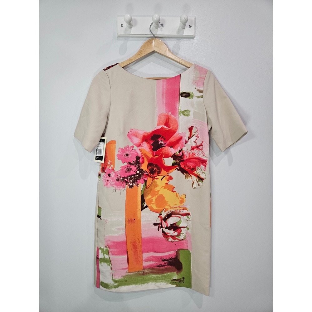 Julian Taylor New York Floral Sheath Dress Beige Pink Bow Back Size 8 NWT